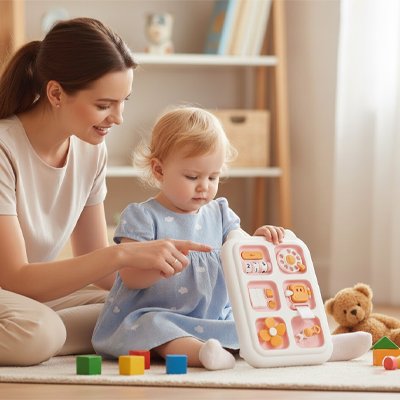 Busy board fillette montre maman