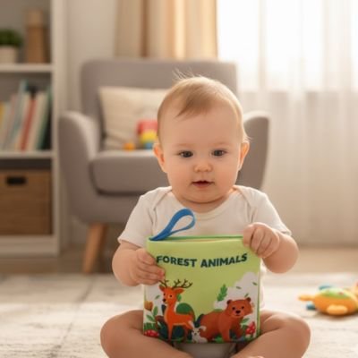 Livre bebe en tissus bebe tient livre