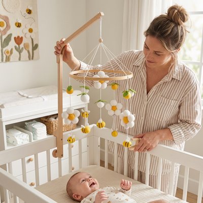 Mobile bébé avec maman chemise rayée