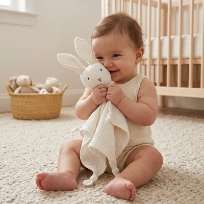 bebe fait un calin a doudou lapin