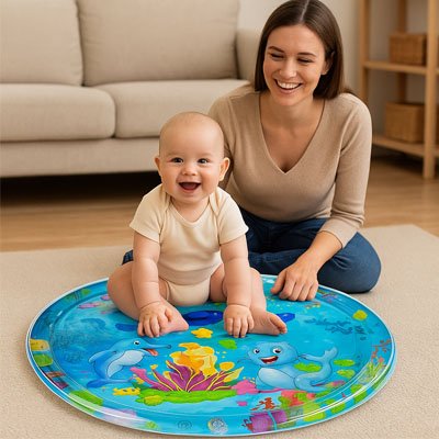 bebe joue sur tapis eau avecmaman