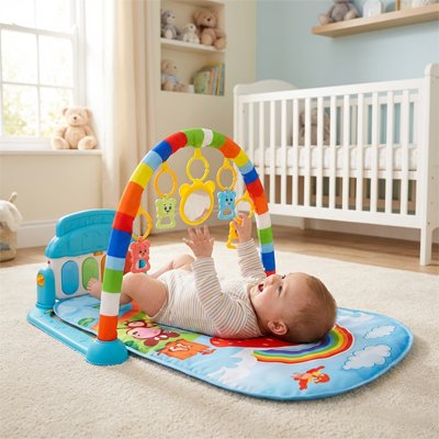 bebe sur tapis touche au miroir