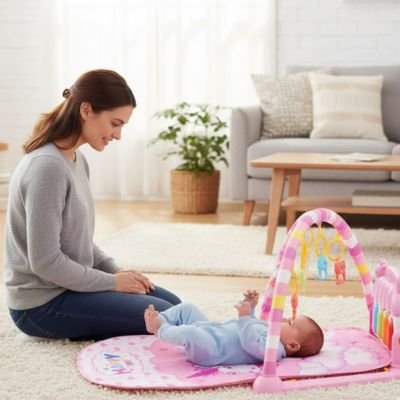 Arche d'éveil rose bebe dos joue mains