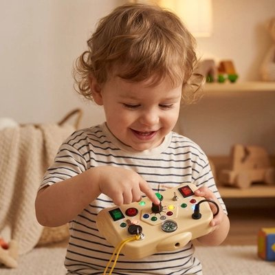 Busy board bebe beige garcon appuie bouton