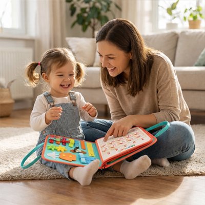 Busy board bebe fille rigole avec maman