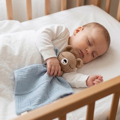 Doudou bebe dans les bras de bebe 