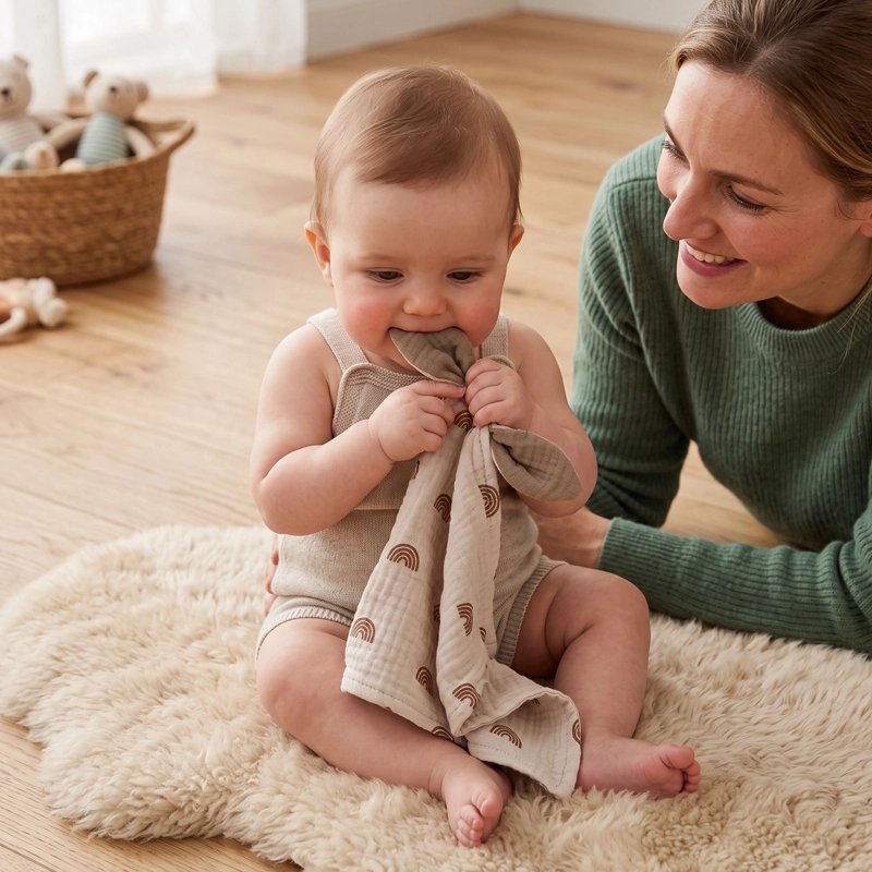 Doudou bebe girl sur tapis avec maman