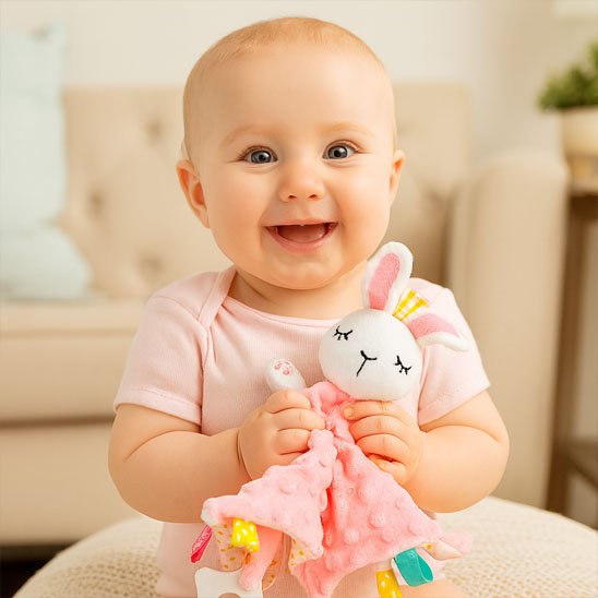 Doudou bebe lapin dans bras bebe