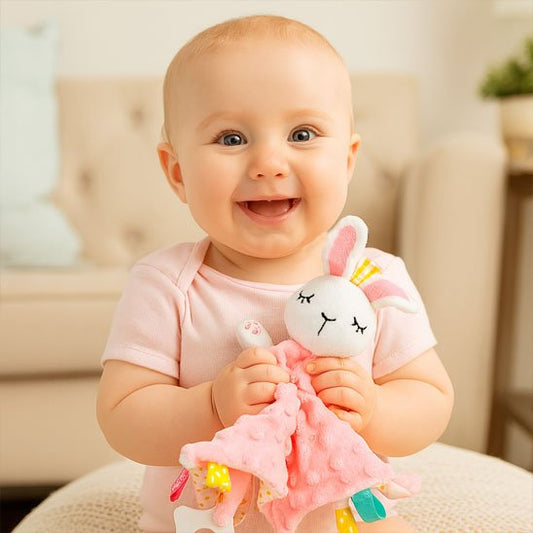 Doudou bebe lapin dans bras bebe