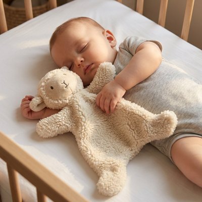 Doudou bebe mouton dans bras bebe