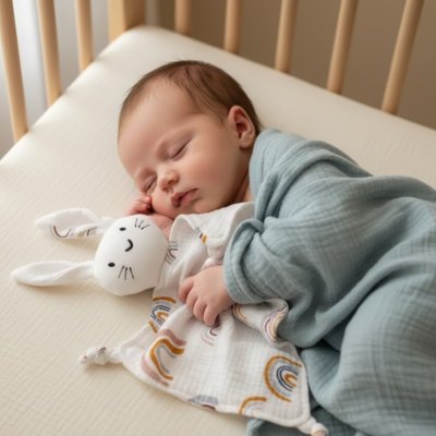 Doudou lapin bebe bleu dort avec doudou arc