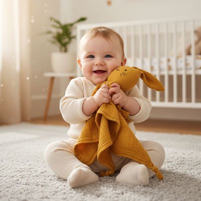 Doudou lapin  bebe fait calin lapin orange