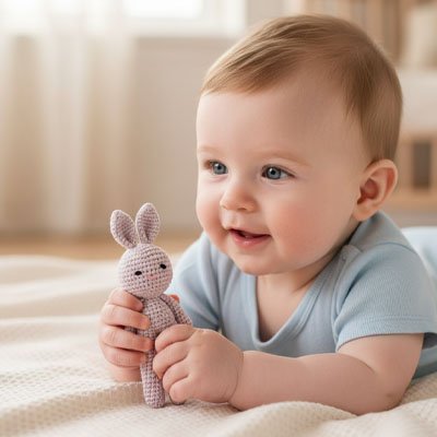 Doudou lapin beige devant bebe