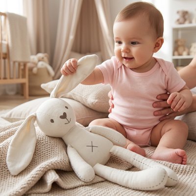 Doudou lapin blanc fillette tire oreille