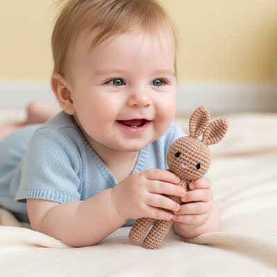 Doudou lapin marron tenu par bebe