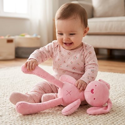 Doudou lapin rose bebe tire pied