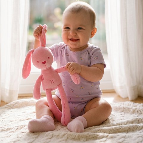 Doudou lapin rose fait sport avec bebe