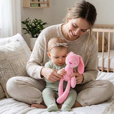Doudou lapin rose moment jeu avec maman