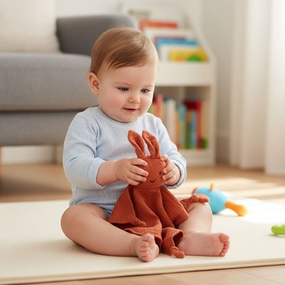 Doudou lapin rouge fait gym avec bebe