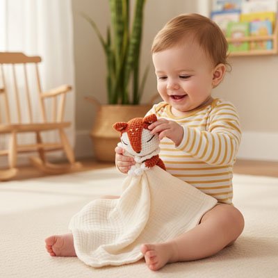 Doudou renard bebe tire oreille renard creme