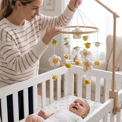 Mobile bébé garçon mère souleve 