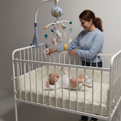 Mobile bébé joue avec maman