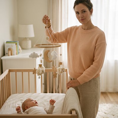 Mobile bébé mouton maman installe