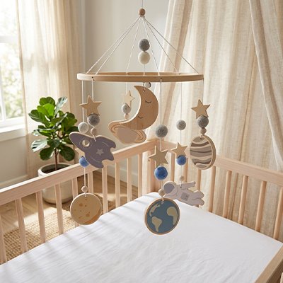 Mobile bebe spatial dans berceau
